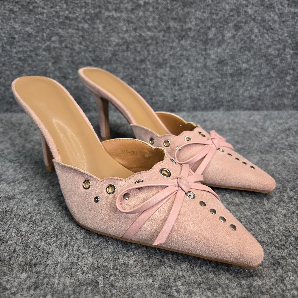 Kitten Heels Suede Closed Pointed Toe Pumps Slip On Bow Shoes Coquette Y2k 7.5